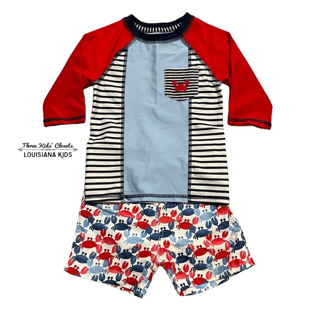 Mud Pie 2T-3T Nautical Crab Swim Trunks & Rashguard Set